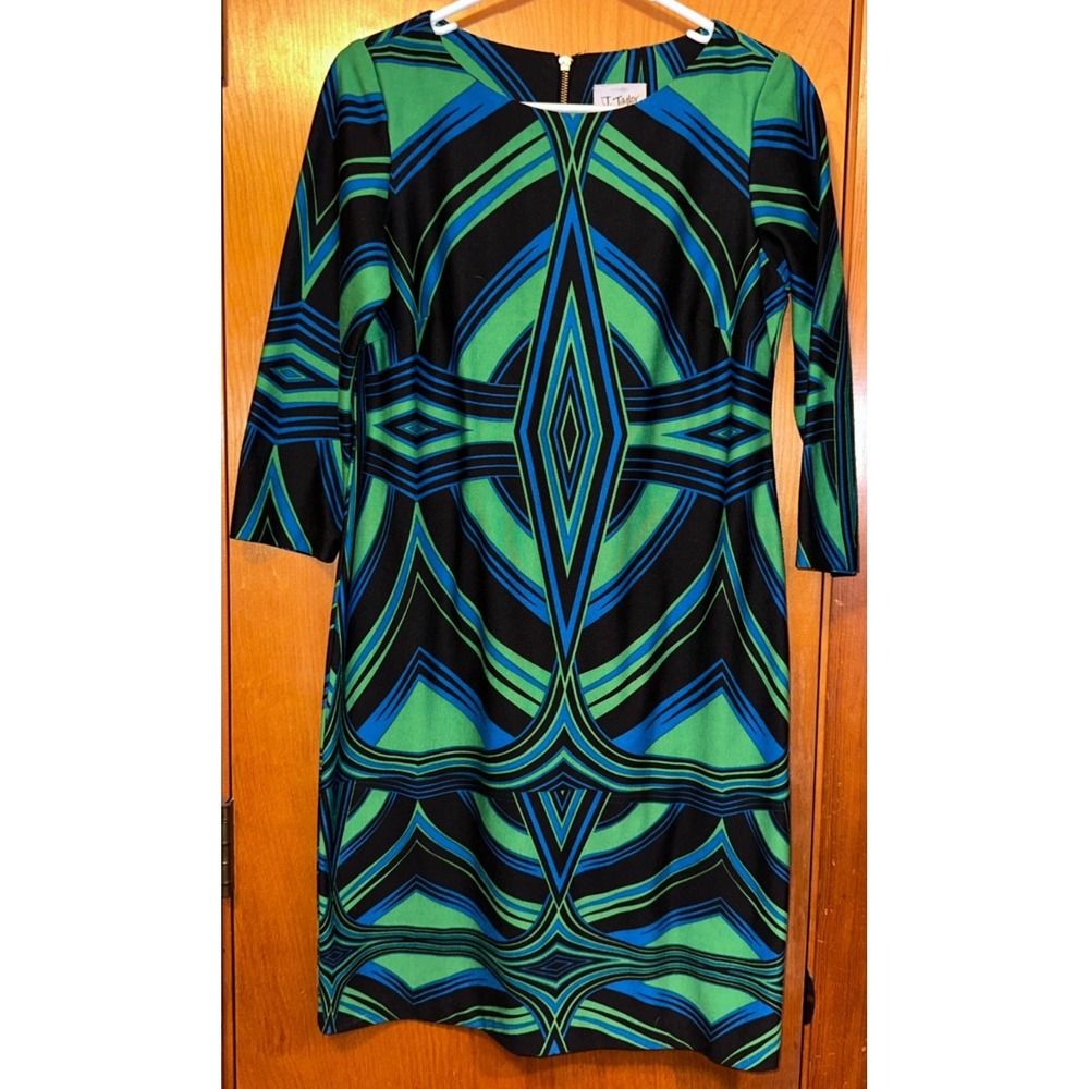 J Taylor Green Blue Geometric Abstract Colorful Print Sheath Dress Size 6